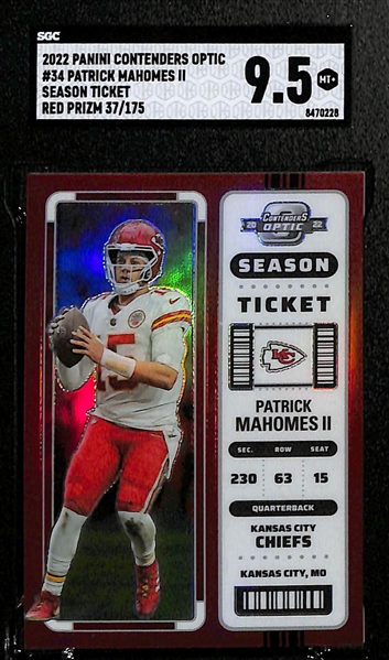 (3) SGC Graded Patrick Mahomes Cards - 2022 Contenders Optic Red (SGC 9.5) (#/175), 2023 Luminance Moments (SGC 9.5), 2020 Select White Die Cut (SGC 10) 